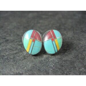 Vintage Sterling Inlay Earrings Southwestern Silver